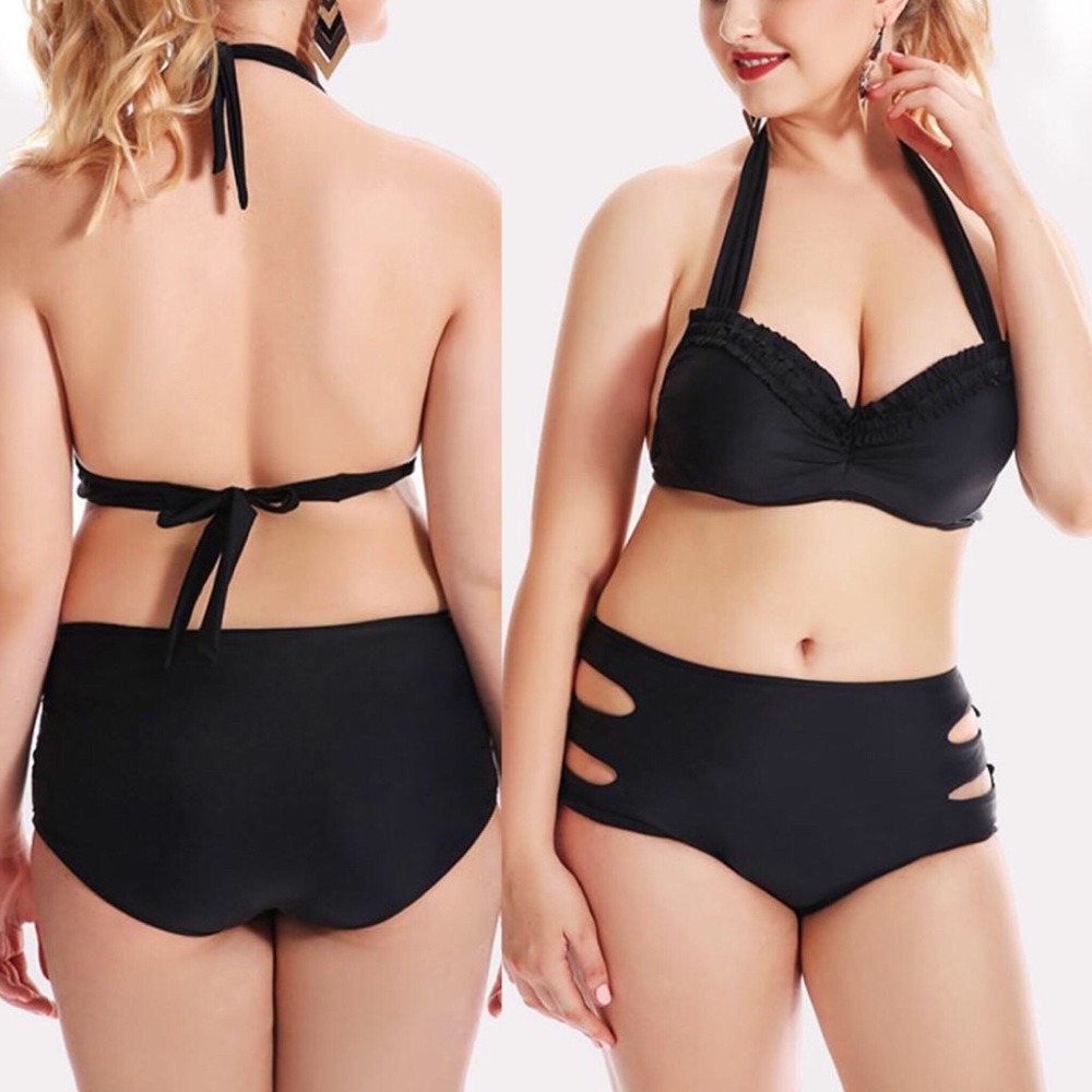 🆕➕Frill trim cut out side black plus bikini set